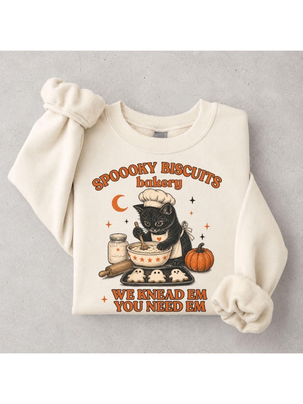 Sand Spooky Biscuits Bakery Cat Sweatshirt with Orange Accents